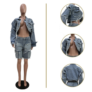 Women's Distressed Denim Crop Top Set Patchwork Ripped Jacket & <b>Shorts</b> Streetwear Summer Outfit Blue Color Loose Fit - Product Image 4