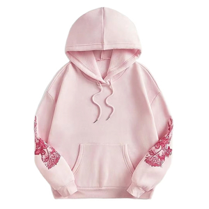 <b>Pink</b> Hooded <b>Sweatshirt</b> With Floral Embroidery On Sleeves Oversized Fit Casual Wear Knitted Cotton Unisex Autumn Style - Product Image 1
