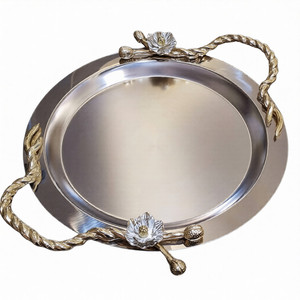 Plateau en aluminium poli brillant, forme ronde, design créatif, pour la maison, l'hôtel, le restaurant, motif floral, plateau moderne et élégant - Product Image 1