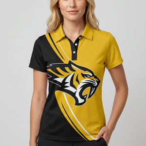 Polo à manches courtes pour homme, imprimé tigre, noir et jaune, polyester, coupe décontractée, respirant, logo sur le devant - Product Image 5