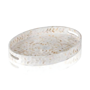 Oval Mother of Pearl Inlay Tray, Mosaic Shell <b>Decorative</b> Serving Tray for Vanity Organizer & Luxury Coffee <b>Table</b> - Product Image 2