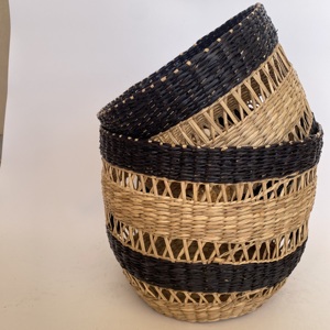 Customized Set of 2 Breathable Woven Seagrass <b>Round</b> Laundry <b>Baskets</b> in Black and Yellow Home Multi-Purpose - Product Image 3