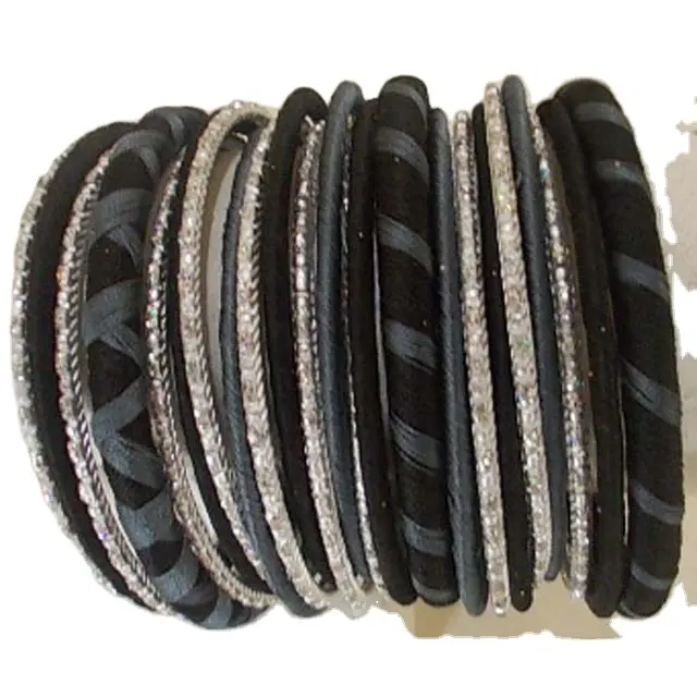 Handmade Silk Thread Black And Silver Combination Bangles Set