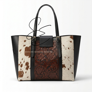 Sac fourre-tout en cuir de vachette western, sac à bandoulière en cuir repoussé avec poils, sac à main de cowgirl pour femme, grand sac de transport pour le bureau - Product Image 1