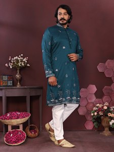 Elegante Conjunto de Kurta y Pijama de Seda con Bordado y Lentejuelas para Festivales, Bodas y Fiestas, Traje Étnico Masculino - Product Image 6