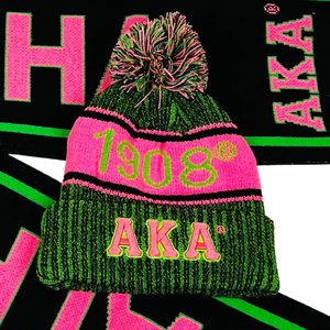 AKA Black Scarf and One Hat Set Green Pink Embroidered Knit Winter Accessories Warm Beanie and Matching Scarf Casual Fashion - Product Image 4