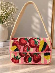Bolso de Hombro Impermeable de Lino Ecológico con Cuentas de Fresa y Bordado de Frutas, Bolso de Mano con Solapa y Cuentas de Vidrio, Tipo Clutch - Product Image 4