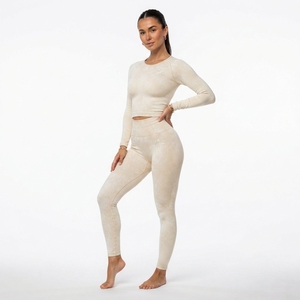 Conjunto de Leggings y Top Corto de Manga Larga con Efecto Ácido para Mujer, Cintura Alta, para Gimnasio, Yoga, Ejercicio, Ropa Deportiva - Product Image 1