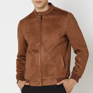 Blouson Bomber en daim marron à manches longues, col montant, fermeture éclair, coupe classique, couleur unie, pour homme et femme - Product Image 1