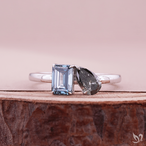 Emerald and Pear Cut Blue Lab Grown Diamond Toi et Moi <b>Ring</b> <b>Two</b> <b>Stone</b> Engagement <b>Ring</b> Minimal Modern Bridal Jewelry - Product Image 1