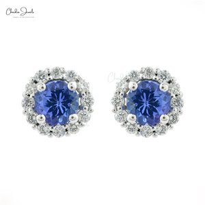 Pendientes de tuerca clásicos con halo de diamantes G-H y tanzanita natural de 5 mm, hechos a mano en oro blanco macizo de 14K, regalo de joyería de piedra de nacimiento para esposa - Product Image 1