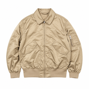 Chaqueta bomber vintage beige para hombre, con cuello vuelto, cierre de cremallera, corte holgado, estilo aviador. - Product Image 1