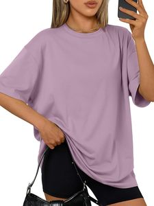 T-shirt ample à col rond et manches courtes pour femme, couleur unie, coupe décontractée, épaules tombantes, 100 % coton, jersey respirant - Product Image 2