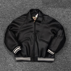 Blouson aviateur en cuir véritable noir pour homme, col rabattu, fermeture éclair, longueur normale, couleur unie, vêtement d'hiver - Product Image 4