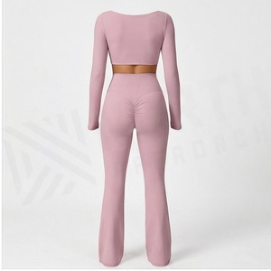 Ensemble de yoga 2 pièces North Approach rose, col carré, manches longues, pantalon évasé taille haute, crop top, couleur unie, extensible, vêtements de sport - Product Image 2