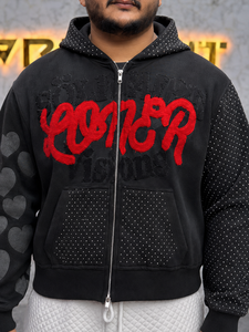 REXFIT SPORTS Men's Black Zip-Up <b>Hoodie</b> With <b>Red</b> Chenille Embroidery Heart Sleeve Print Relaxed Fit Streetwear Fleece Hood - Product Image 6