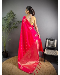 KV <b>Red</b> Lichi Silk Zari Weaving Banarasi Designer <b>Saree</b> With Unstitched Blouse - Product Image 2