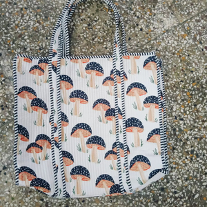 Trendy Handblock Print Quilted Tote Bag Cotton Zipper Closure Travel Bag Women Shopping Shoulder Bag Ethnic Handmade Handbag - Product Image 1