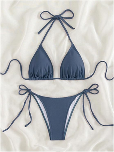 Women's Navy Blue Bikini Set Crossed Halter Top <b>Tie</b> Side Bottom Spandex Nylon Swimwear Two Piece High Stretch Seamless - Product Image 3