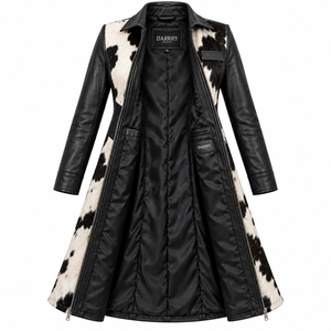 Longline <b>Black</b> White Cowhide <b>Fur</b> Leather Trench <b>Coat</b> Zipper Front Lapel <b>Womens</b> Custom Duster Outerwear Oem Factory - Product Image 5
