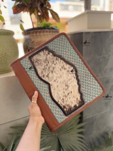 Cowhide Hand Tooled Zipper Lock Business Portfolio Binder Manufacture Turquoise Color Document <b>Folder</b> With <b>Card</b> Holder - Product Image 2