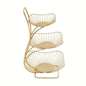 Elegant Gold Mesh Wire Three Tier Tabletop <b>Plate</b> <b>Stand</b> Storage Display Rack Ideal for Home Kitchenware and Equipment - Product Image 1