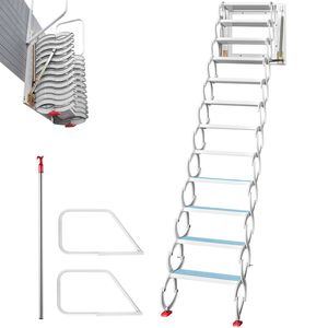 Scala bianca 9.8 piedi retrattile in lega con accesso a mansarda 12 gradini per scale pieghevoli a parete con braccioli - Product Image 1