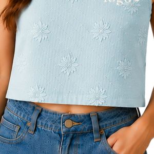 Top Corto Azul Claro con Bordado Floral para Mujer, Chaleco de Verano sin Mangas de Algodón, Logotipo Personalizado, Moda Casual Urbana - Product Image 6
