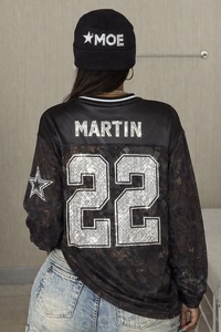 Custom Rhinestone American Football Jersey & Beanie <b>Set</b> Long Sleeve Mesh Streetwear Private Label Bling Number Apparel Factory - Product Image 3