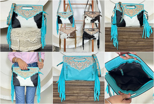 Nouveau sac à main tendance en cuir de vachette à franges, sac bandoulière en cuir turquoise travaillé, sac à bandoulière en cuir de vache à poils pour femme - Product Image 3