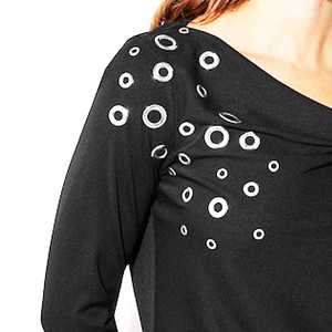 T-shirts pour femmes en spandex noir de luxe de haute qualité avec détails œillets, coupe ample, séchage rapide, 100 % polyester brodé, forte demande - Product Image 4