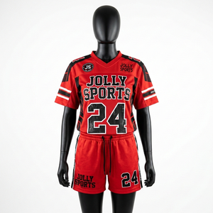 Ensemble maillot et short de football en polyester mesh premium 200 GSM, rouge et noir, personnalisable par sublimation, pour femmes - Product Image 1