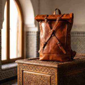 Retro Leather <b>Roll</b> Top <b>Backpack</b> Genuine Cowhide Travel Rucksack Waterproof Laptop Bag for Outdoor Hiking LTBP-0039 - Product Image 5