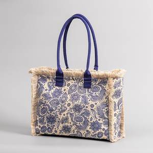 Sac fourre-tout bohème en jute avec motif floral, poignées bleues, ouverture supérieure, 39x32x15cm, pour le shopping, sac fourre-tout personnalisé en toile 100% coton - Product Image 1