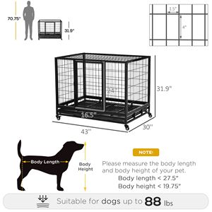 43\" Heavy Duty Black Dog <b>Crate</b> with Lockable Wheels Double Door Removable Tray-for Large and Extra Large Dogs - Product Image 2