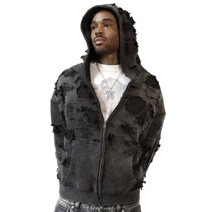 Sweat à capuche zippé oversize pour homme, 100% coton, effet délavé, tricot gaufré, streetwear personnalisé - Product Image 4