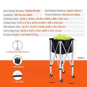 Carrello Portapalle da Tennis Pieghevole in Lega di Alluminio Leggero, Capacità 180 Palline, con Ruote Rimovibili, Attrezzatura da Campo - Product Image 4