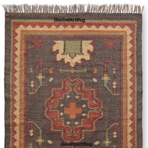 Tapis kilim oriental tufté à la main, motif floral, mélange laine acrylique, rectangulaire, poils moyens, support en jute, lavable - Product Image 5