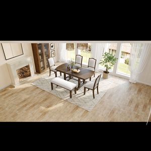 Set tavolo da pranzo in 6 pezzi marrone da 60 pollici allungabile in legno a foglia rimovibile 4 panca per sedia laterale imbottita Set tavolo da cucina - Product Image 5