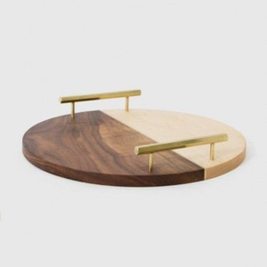 Juego de 2 bandejas decorativas de madera de alta calidad con asa de metal, diseño de esquina floral martillada, bandeja de servir rectangular de madera natural - Product Image 6