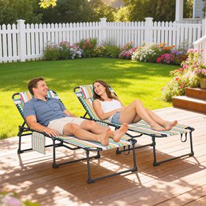 Set di 2 Sedie a Sdraio Pieghevoli per Piscina e Spiaggia, Schienale Reclinabile a 5 Livelli con Foro per la Lettura e Tasca Laterale, Motivo a Righe Arcobaleno - Product Image 2