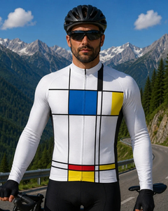 <b>Men's</b> <b>Long</b> <b>Sleeve</b> <b>Cycling</b> <b>Jersey</b> Geometric Print Blue With White Orange Teal Triangles Full Zip Front And Back View - Product Image 3