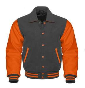 Chaqueta Varsity de Lana para Hombre, Color Gris y Naranja, Cuello Camisero, Estilo Casual, Corte Regular, Cierre de un Solo Botón - Product Image 1