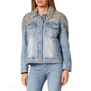 Veste en jean de luxe ornée de perles et de strass pour femme, manteau en jean de créateur à manches longues, logo personnalisé - Product Image 2