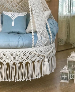 White 72"X40" Boho Macrame Hanging <b>Swing</b> Chair Cotton Hanging Seat with Cushion Indoor Outdoor Patio Lounge Chair - Product Image 2