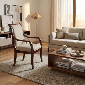Fauteuil de salle à manger classique en bois massif, dossier haut, tissu rembourré, chaise d'appoint pour hôtel, restaurant, mobilier d'ambiance artistique pur - Product Image 3
