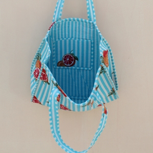 Premium Blue Striped Quilted Cotton Tote <b>Bag</b> Citrus Print Medium Size <b>Long</b> <b>Shoulder</b> <b>Strap</b> Reusable Eco-Friendly Shopping - Product Image 4