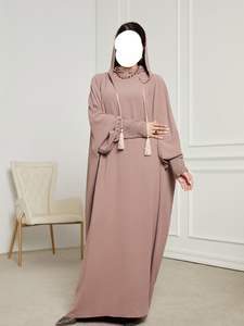 OEM Pure Green Apricot Color Crinkle <b>Elastic</b> Fabric Loose Size <b>Elastic</b> Cuff Tassel Drawstring Hoodies Muslim <b>Dress</b> for Women Eid - Product Image 4