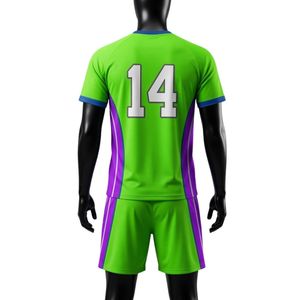 Conjunto de Camiseta y Pantalones Cortos de Netball Sublimados en Verde Neón y Morado para Hombre, Uniforme Deportivo de Poliéster con Franja Lateral - Product Image 2