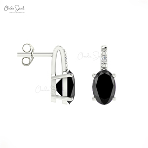 Boucles d'oreilles en diamant noir naturel, or massif 14 carats, taille ovale 6x4mm, pierres précieuses, diamant blanc G-H, boucles d'oreilles à clous avec fermoir poussoir - Product Image 3